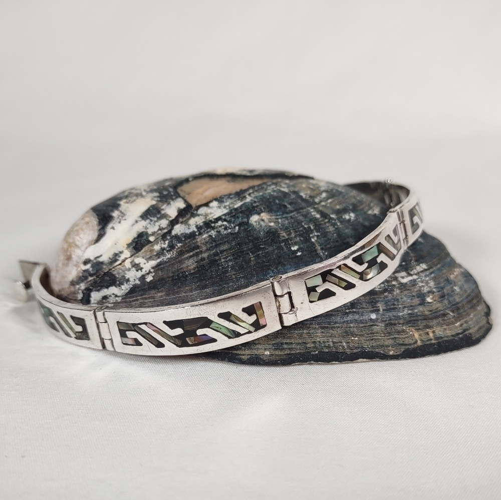 Vintage Taxco Sterling Silver Abalone Inlayed 5 Panel 7" Bracelet - Picture 6 of 8